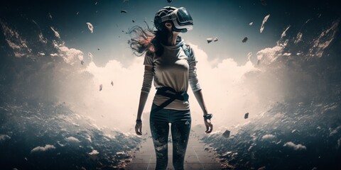Naklejka premium Young adult woman wear virtual reality VR headset, enter the digital imagination world or video game. Futuristic entertainment technology, internet fun modern technology concept. Generative AI