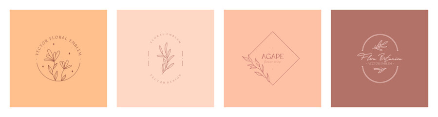Set of vector feminine floral emblems.Elegant logo designs with linear branches and frame.Modern botanical badges in trendy minimalist style.Branding design templates.Letters with Agape means love