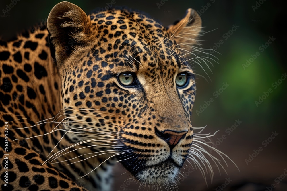 Poster Indian wild male leopard or panther or panthera pardus fusca face closeup in natural monsoon green season during outdoor jungle safari in forest of central india asia. Generative AI