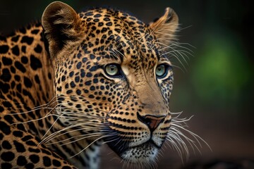 Indian wild male leopard or panther or panthera pardus fusca face closeup in natural monsoon green season during outdoor jungle safari in forest of central india asia. Generative AI