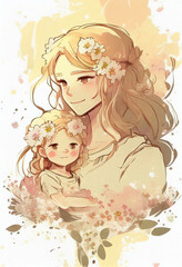 Concept of mothers day. Mother with her little child. AI generated illustration