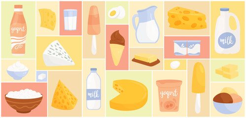 Cartoon milk in bottle and glass, package with fresh yoghurt, cottage cheese in bowl and ice cream, curd for healthy eating in wide geometric collage background. Dairy products set vector illustration