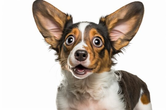 Funny look of surprise on a puppy dog's face, with big ears. Stands out against a white background. Generative AI