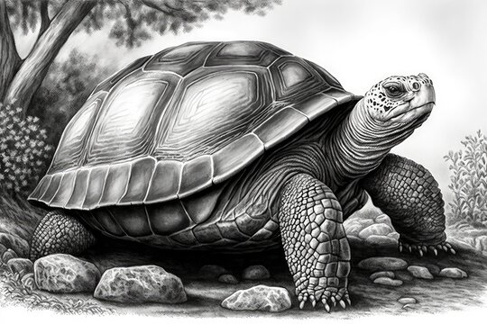 Giant, Seychelles giant tortoise, Aldabrachelys gigantea, species of land tortoise, native to Aldabra island, lives on Mauritius, Reunion, and Changuu, realistic drawing, endangered animals