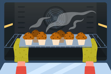 Cartoon baker or chef cooking muffins in home kitchen, making dessert flat vector illustration. Sweet food recipe, bakery concept. Hands in gloves taking out tray of cookies from baking oven.