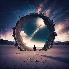 Man facing a stone circle in the desert, fantasy landscape - generative ai