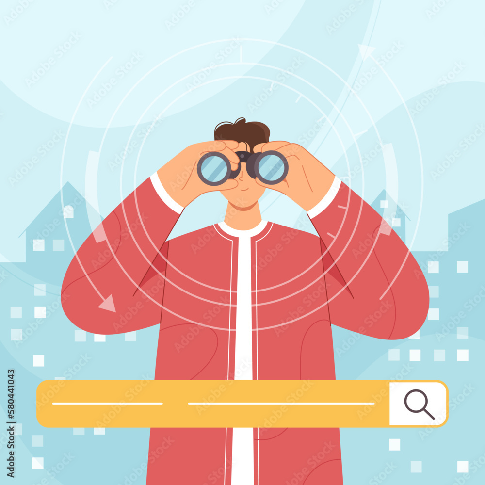 Poster online search for information with bar in browser vector illustration. cartoon man looking through b