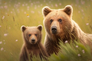 Fototapeta premium In the middle of a grassy meadow, a cute brown bear cub and an adult female brown bear with a fluffy coat were seen together. A family of bears who are paying close attention to their surroundings and