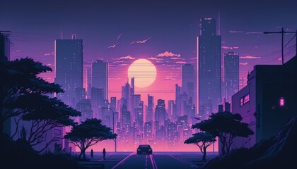 lo-fi vibes, night skyline, chill purple shares, manga, anime, generative ai