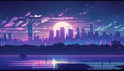 lo-fi vibes, night skyline, chill purple shares, manga, anime, generative ai