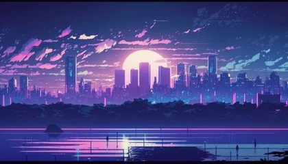 Deurstickers Violet lo-fi vibes, night skyline, chill purple shares, manga, anime, generative ai