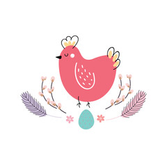 Easter chicken, eggs, willow and feathers