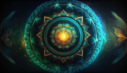 teal mandala energy, lotus, flower of life, oriental yoga, chakra abstract, generative ai
