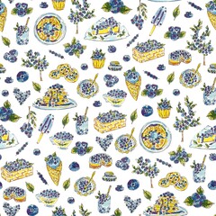 Seamless pattern with blueberries and sweets 
