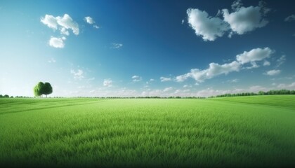 Fototapeta na wymiar green field and blue sky, landscape background, generative ai