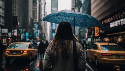 Obraz premium woman walking on New York, busy street with taxicabs in downtown Manhattan, New York City. generative ai