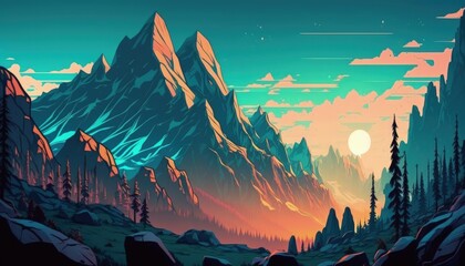 a colorful landscape with mountains and trees. generative ai