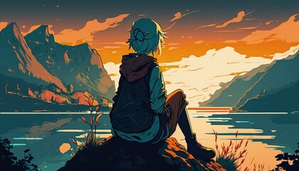 a woman sits on a rock in front of a lake and looks at the sunset. manga style, generative ai