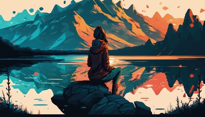 Fototapeta premium a woman sits on a rock in front of a lake and looks at the sunset. manga style, generative ai