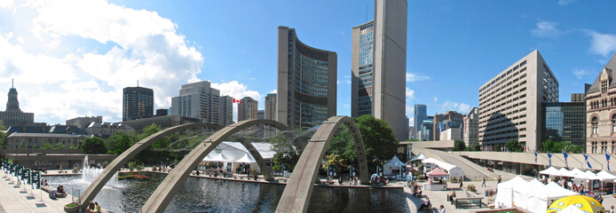 Panoramic view of Nathan Philips Square in Toronto, Canada.