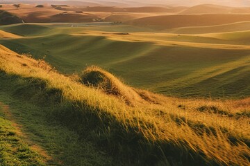 Beautiful natural spring summer landscape of meadow in a hilly area on sunset. Field with young green grass