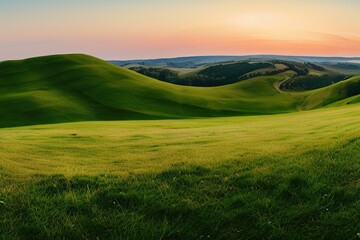 Fototapeta premium Beautiful natural spring summer landscape of meadow in a hilly area on sunset. Field with young green grass