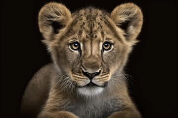Obraz na płótnie Canvas Front view of a portrait of a lion cub looking at the camera, isolated on a black background. Generative AI