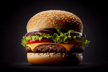 Burger on a black background, juicy burger with sesame, close-up. Delicious burger isolated on black. Beef burger fast food eat. Whopper Hamburger Cheeseburger . - obrazy, fototapety, plakaty
