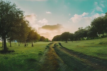 Beautiful natural spring summer landscape of meadow with a road in a hilly area on sunset. Field with young green grass