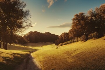 Beautiful natural spring summer landscape of meadow in a hilly area on sunset. Forest like area with trees