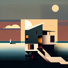 Seaside house, circular minimalistic modern illustration, AI generative