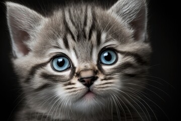Fototapeta na wymiar Gray tabby kitten with blue eyes seen up close. Idea about pets and how people live. On a grey background, there's a cute, fluffy cat. Generative AI