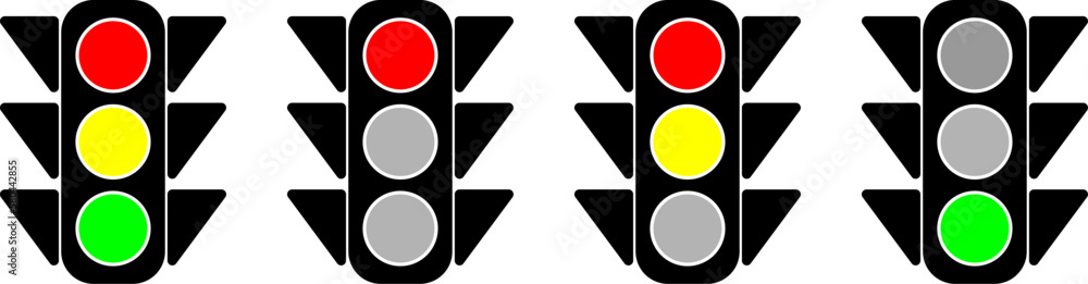 Poster simple traffic light icon set with different phases red, red-yellow and green. vector image.