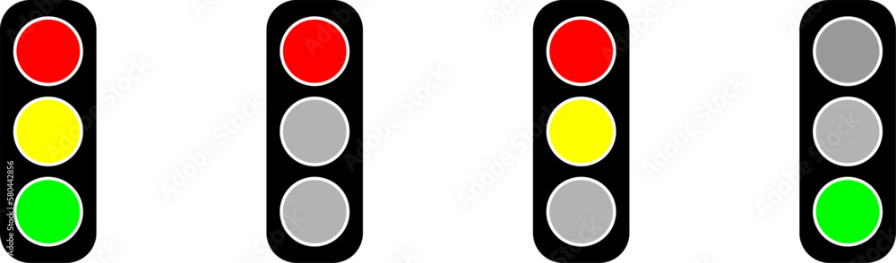 Poster simple traffic light icon set with different phases red, red-yellow and green. vector image.