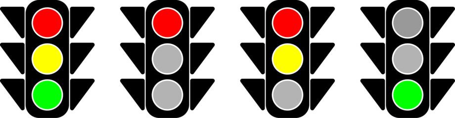 Simple Traffic Light Icon Set with Different Phases Red, Red-Yellow and Green. Vector Image.