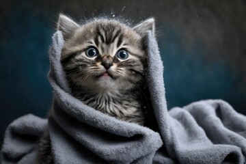 Obraz na płótnie Canvas Funny wet gray tabby kitten after a bath with big blue eyes and a big smile. Idea about pets and how people live. Just washed cute fluffy cat with towel around his head on grey background. Generative