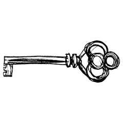 Antique skeleton key. Hand drawn linear doodle rough sketch. Black silhouette on white background.
