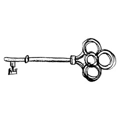 Antique skeleton key. Hand drawn linear doodle rough sketch. Black silhouette on white background.
