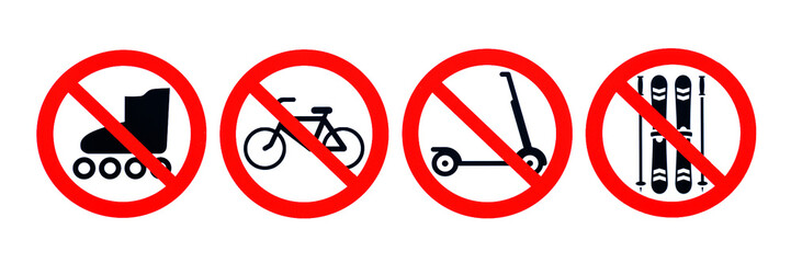 Icons on a transparent background with a red prohibition sign: a ban on rollers, bicycles, scooters...