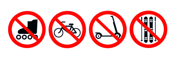 Icons on a transparent background with a red prohibition sign: a ban on rollers, bicycles, scooters and various sports equipment