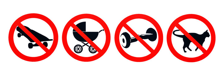 Icons on a transparent background with a red prohibition sign: a ban on baby carriages, skates,...