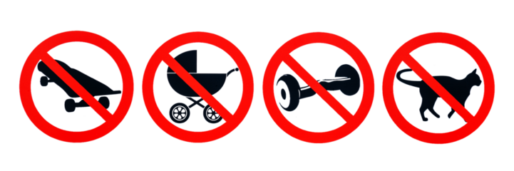 Icons on a transparent background with a red prohibition sign: a ban on baby carriages, skates, gyroscooters and animals