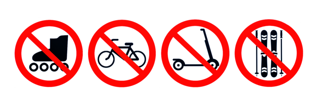 Icons on a transparent background with a red prohibition sign: a ban on rollers, bicycles, scooters and various sports equipment