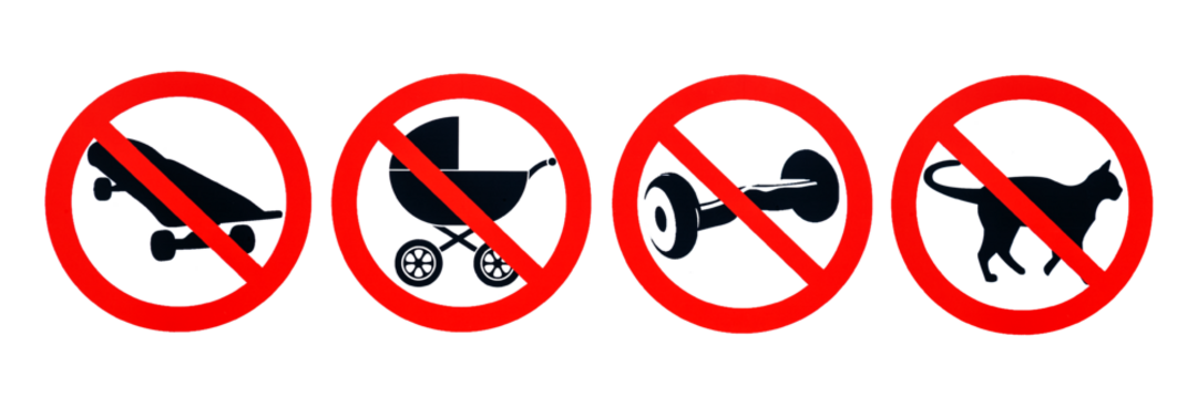 Icons on a transparent background with a red prohibition sign: a ban on baby carriages, skates, gyroscooters and animals