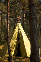 A lonely yellow wigwam stands in the forest behind the trees. © Екатерина Солдатенко