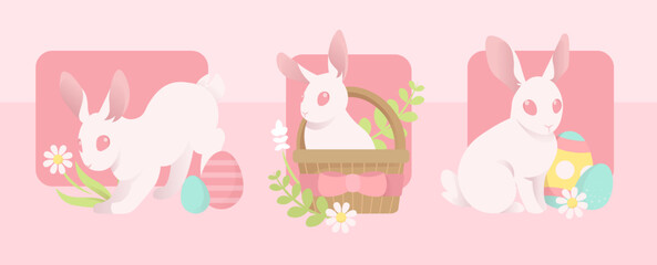 Obraz na płótnie Canvas Easter rabbits with pastel colored eggs and flowers vector illustrations