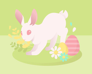 Easter rabbit jumping with eggs and flowers during spring vector illustration