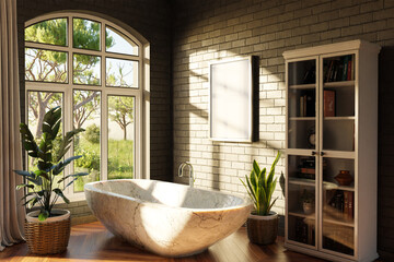 freestanding bath in lightflooded cozy country house bathroom; minimalistic interior design with sheld and canvas; relaxation and spa concept; 3D Illustration