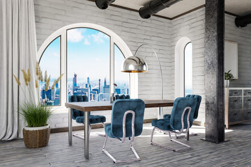 luxurious loft apartment with arched window and panoramic view over urban downtown; noble dining room interior design mock up; 3D Illustration