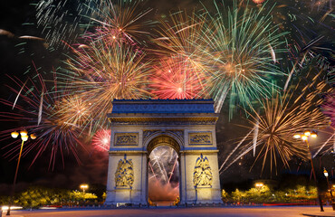 New Year fireworks display over the Arc de Triomphe, Paris. France